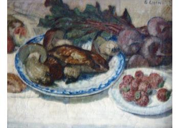 Funghi sopra un piatto decorato e un mazzo di Barberosse Funghi sopra un piatto decorato e un mazzo di Barberosse